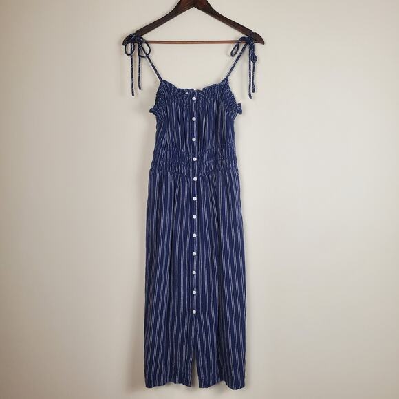 Universal Thread Navy White Striped Smocked Linen Blend Midi Dress W's Large - Picture 5 of 11